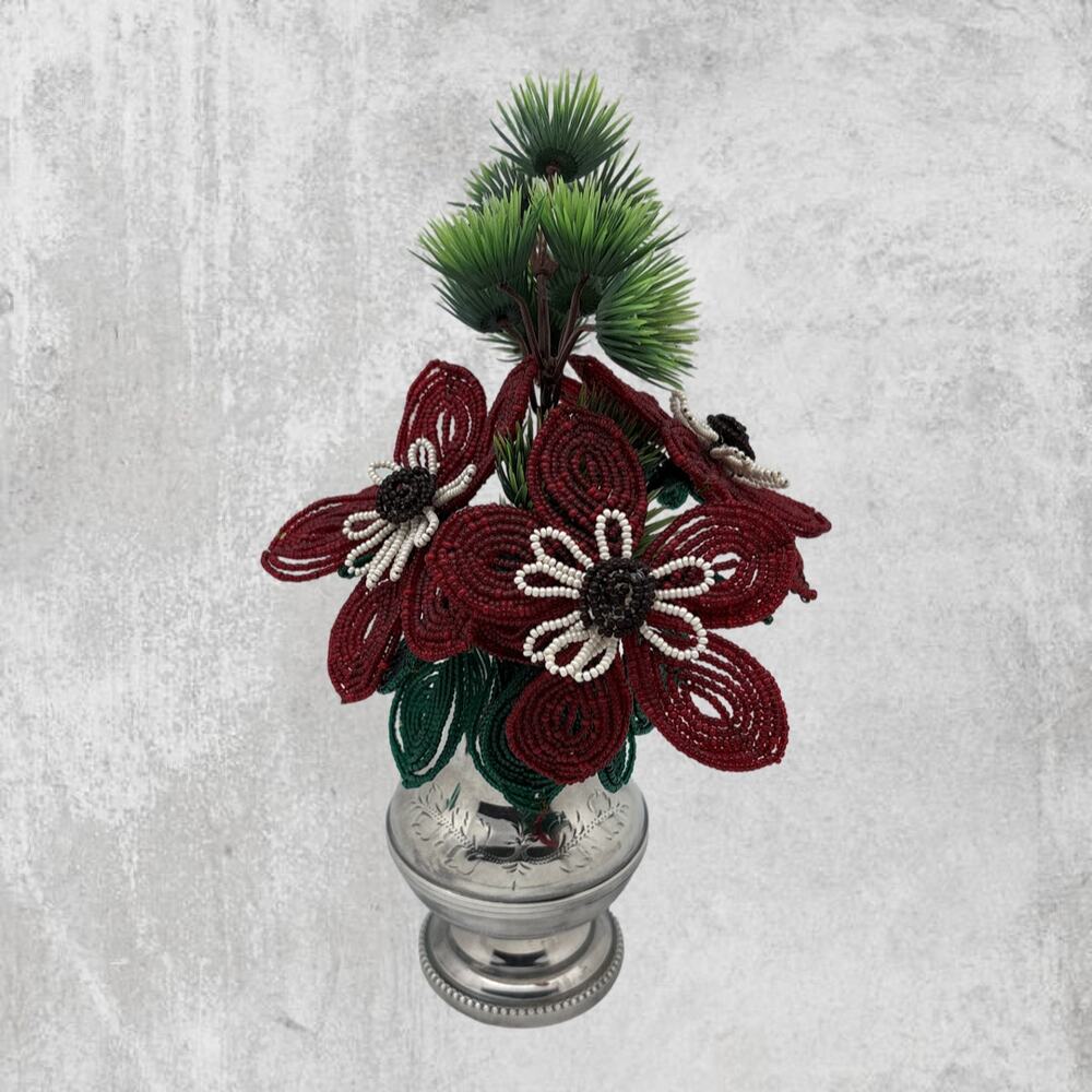 1950s PINDER BROS England Sugar Shaker With Hand Beaded Red Flower Arrangement
